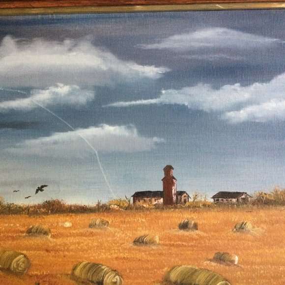 Elevator round Bales Wood frame oil painting farm scene Susan Haywood 2013 small - Picture 3 of 6